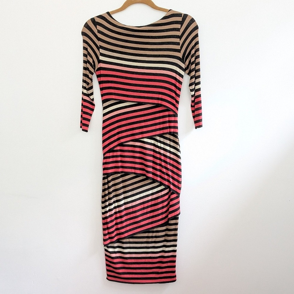 Bailey 44 Womens Sz Small Striped Layered Bodycon Dress Coral Gray Tan ANT-1286 - Picture 2 of 8